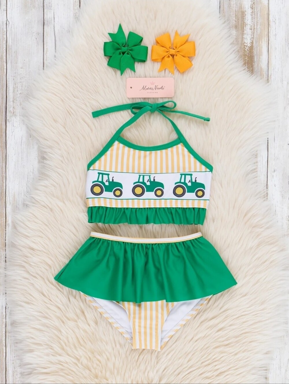Marie Nicole Green & Yellow Striped Tractors Two-Piece Swimsuit - Picture 1 of 5
